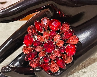 Austria Red And Pink Rhinestone Floral Brooch Gold Tone Pronged Setting