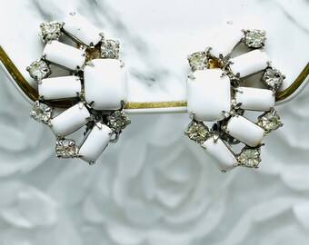 Milk Glass Rhinestone Earrings Clip On Silver Tone Pronged Mid Century Glamour Regency Old Hollywood