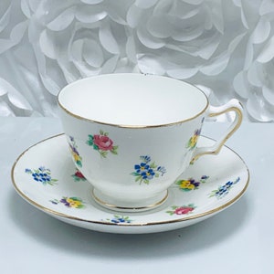 Staffordshire England Floral Tea Cup And Saucer Fine Bone China Porcelain Gold Trim