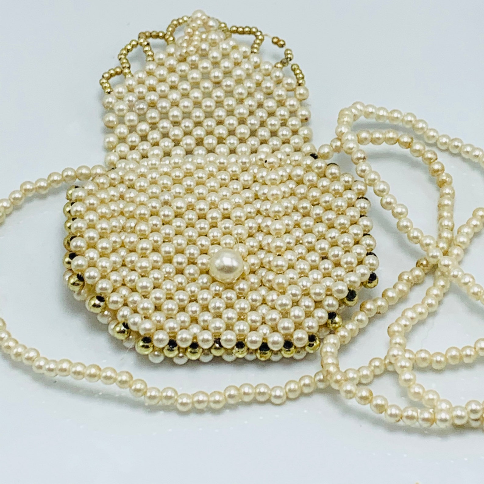 Pearl Pouch Necklace With Faux Pearls Gold Tone Beads Etsy