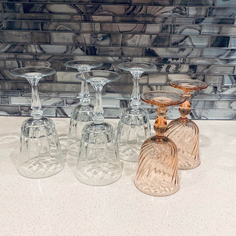 Vintage Mismatch Water Goblets Glass Stemware Pink Luminarc Wine And Crystal Wine Goblets Set Of 4 Clear and 2 Pink Luminarc Rosaline Swirl