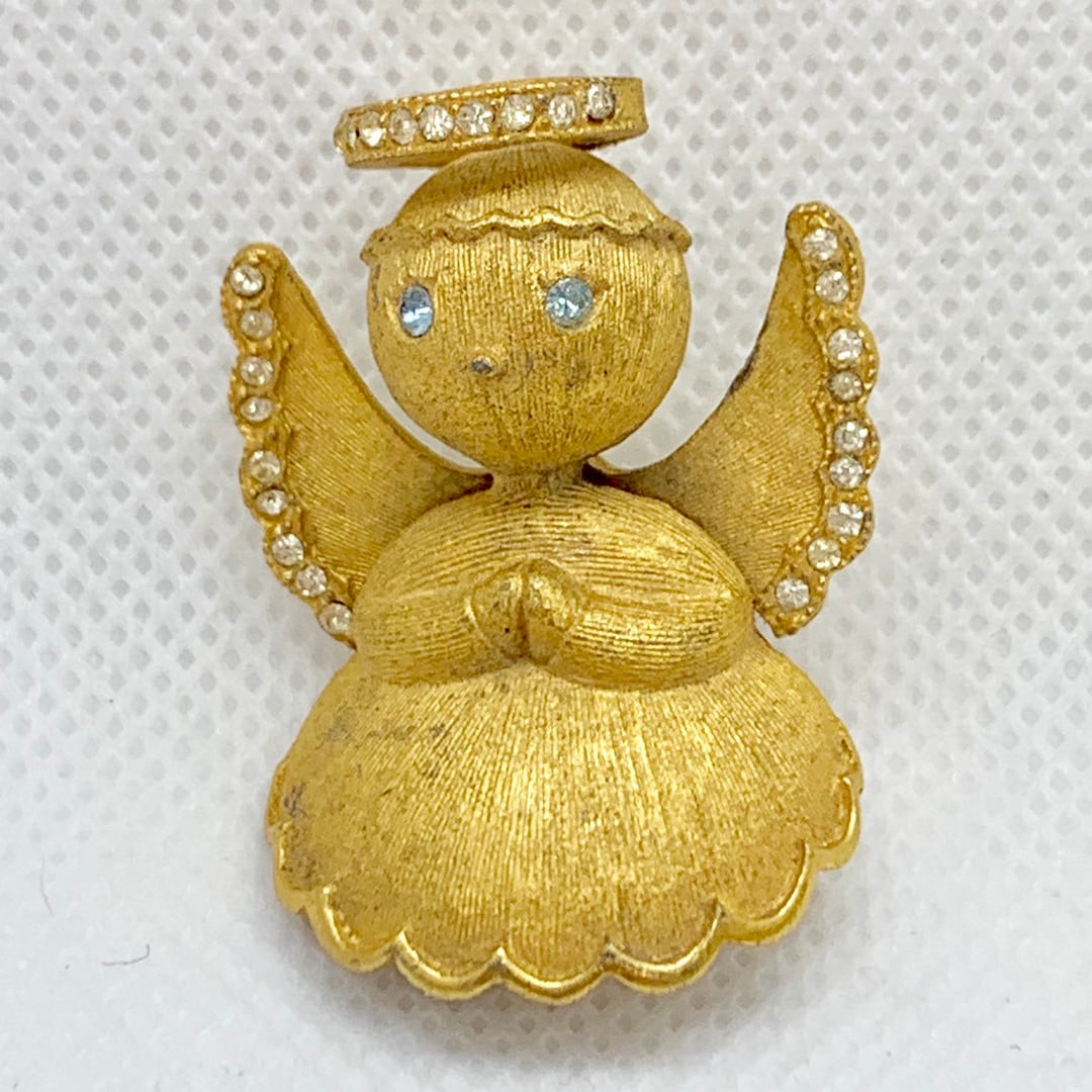 Christmas Angel Brooch J.J. Signed Gold Tone Angel Pin Gold Tone and