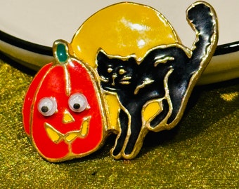 Halloween Black Cat Pumpkin Pin Brooch Googlie Eyes
