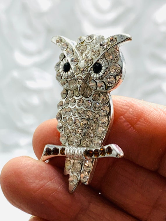Pave Crystal Owl Brooch Silver Tone Owl On Branch… - image 2
