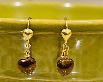 Chocolate Brown Heart Shaped Earrings Raw Brass Brown Glass Beads Drop Dangle Heart Lever Back Earring Wire Hand Made
