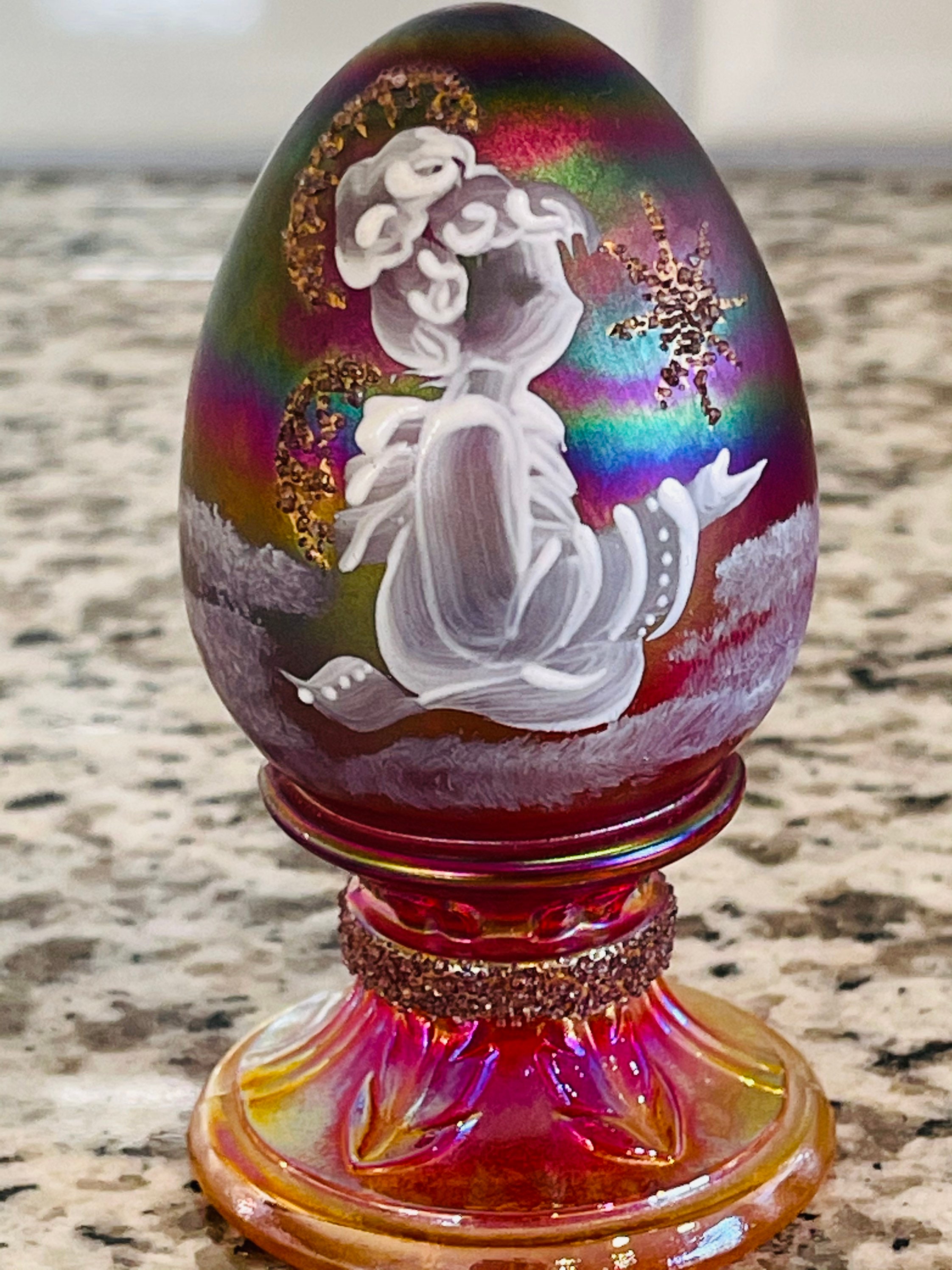 Fenton Art Carnival Glass Egg 1995 Hand Painted by D