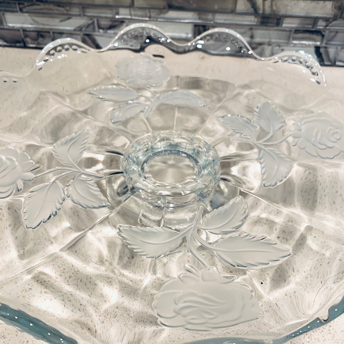 Glass Footed Cake Stand Pedestal Etched Roses Scalloped Etsy
