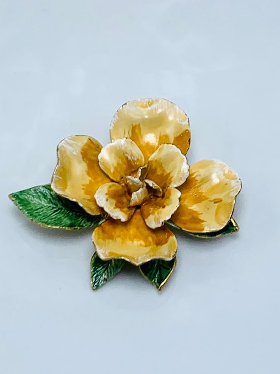 Pansy Gold Yellow Floral Brooch Hand Painted Ename