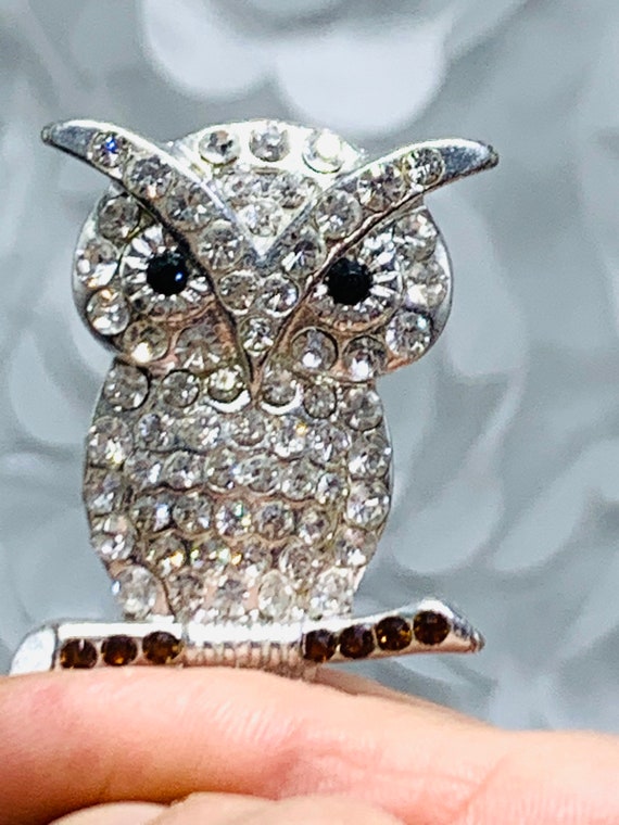 Pave Crystal Owl Brooch Silver Tone Owl On Branch… - image 3