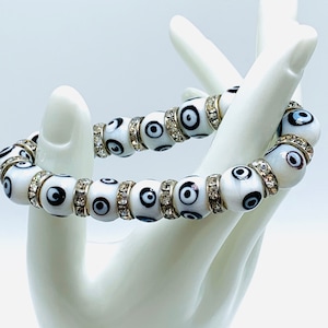 Lampwork Bracelet White And Black Glass Bead And Rhinestones Bracelet