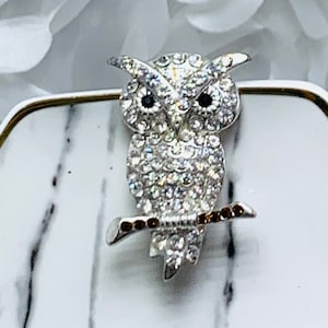 Pave Crystal Owl Brooch Silver Tone Owl On Branch Brown Rhinestone Tree Branch Black Eyes