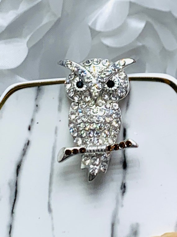 Pave Crystal Owl Brooch Silver Tone Owl On Branch… - image 1