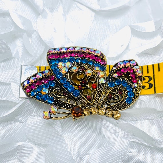 Butterfly Brooch Multi colored rhinestone Gold To… - image 5