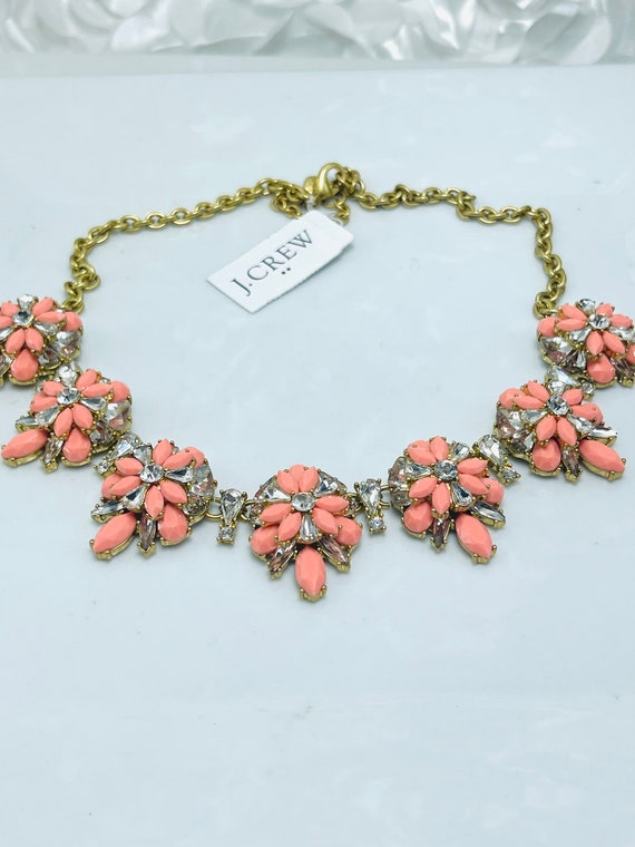 J Crew Pink Coral Clear Rhinestone Floral Necklac… - image 3