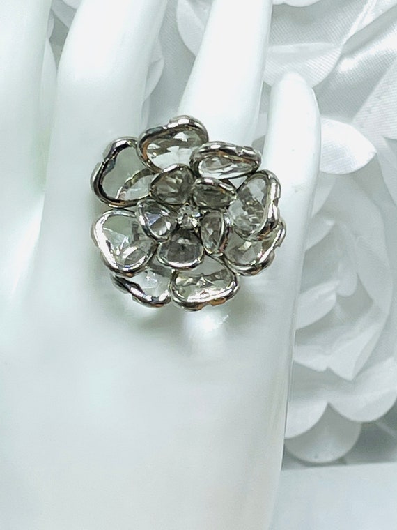 Flower Clear Acrylic Statement Ring Silver Tone R… - image 1