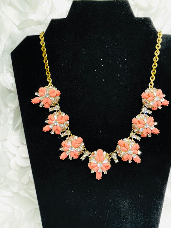 J Crew Pink Coral Clear Rhinestone Floral Necklac… - image 1