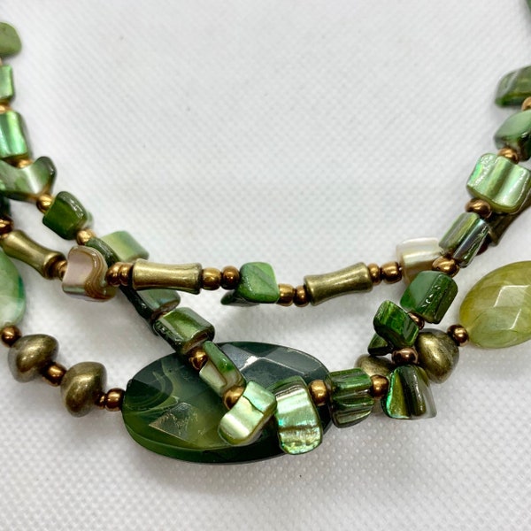 Chartreuse Mother Of Pearl Necklace Boho Hippie Agate,Jade and Mother of Pearl Multi Strand Necklace Stack Layering Jewelry