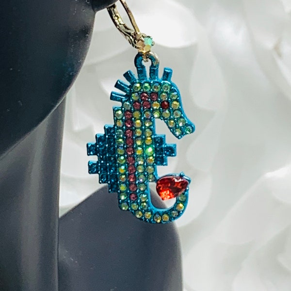 Betsy Johnson Blue Pixel Seahorse Earrings Pixelated Crystal Aurora Borealis From The Crabby Couture Collection Out Of Circulation