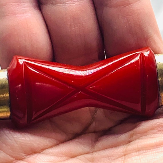 Bakelite Red Bow Brooch Brass Carved Bow tie - image 5