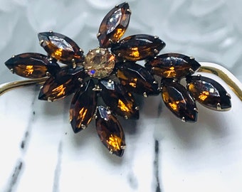 Root Beer Glass Rhinestone Brooch Gold Pronged Autumn/Fall Floral Brooch