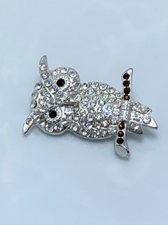 Pave Crystal Owl Brooch Silver Tone Owl On Branch… - image 8