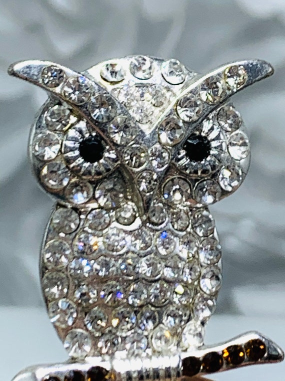 Pave Crystal Owl Brooch Silver Tone Owl On Branch… - image 4