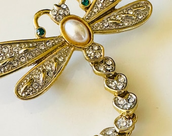 Libelle Strass Brosche Pin GelenkSchwanz große Faux Perle Smaragd Steine GoldTon