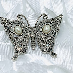Art Deco Marcasite Butterfly Brooch And Pearl And Silver tone