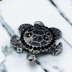 Turtle Silver Tone Brooch Black Rhinestones Brooch Pin