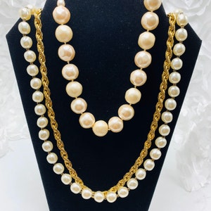 Faux Chunky Pearl Necklace Set Of Two Gold Tone Choker,Two Strand Necklace Set Two Necklace Combo and A Pearl Chunky Choker