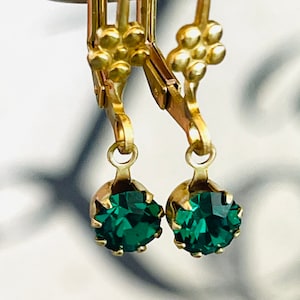 Swarovski Crystal Emerald Green Earrings May Birth Stone Raw Brass Daisy Lever Back Earring Wire Hand Made Drop Dangle Earrings