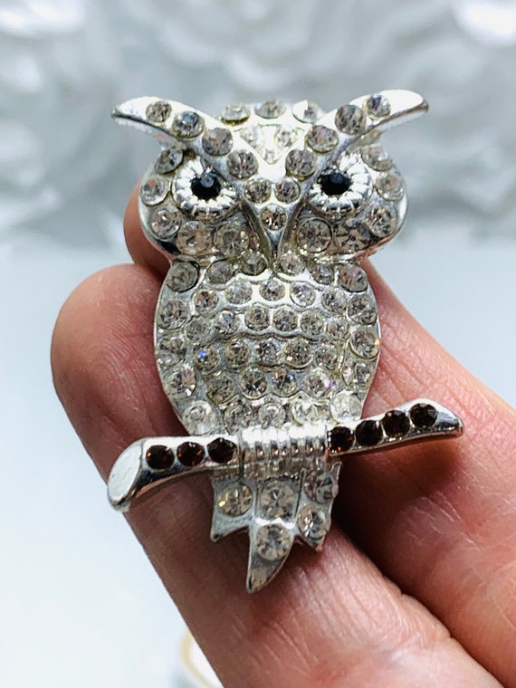 Pave Crystal Owl Brooch Silver Tone Owl On Branch… - image 7