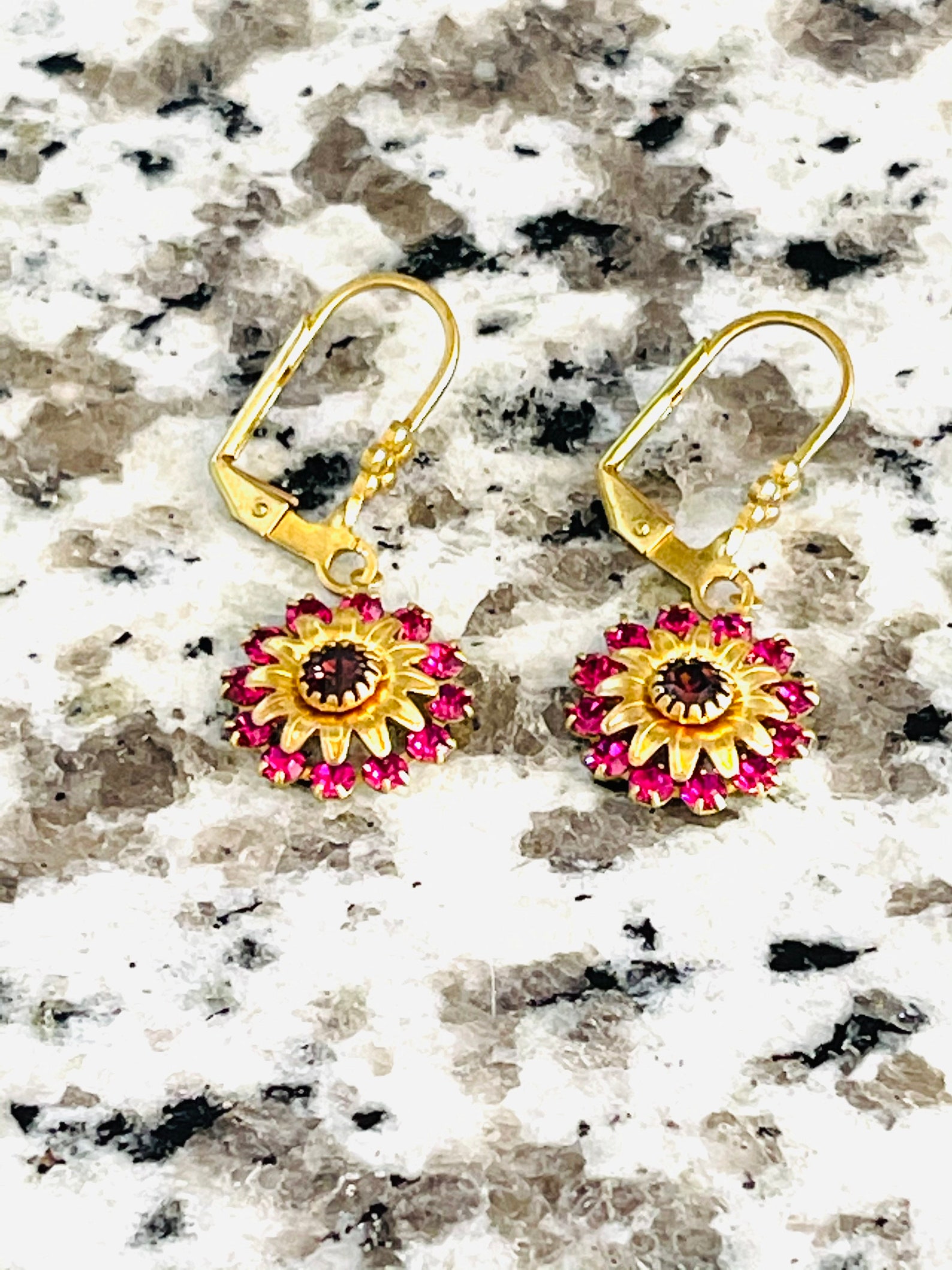 Swarovski Crystal Sunflower Earrings Fuchsia Burgundy Crystals Etsy