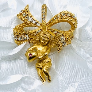 Valentines Camrose & Kross Retired Cupid Brooch 18KT Gold Plated With Swarovski Crystals Cherub Brooch Signed JBK Jacqueline Bouvier Kennedy