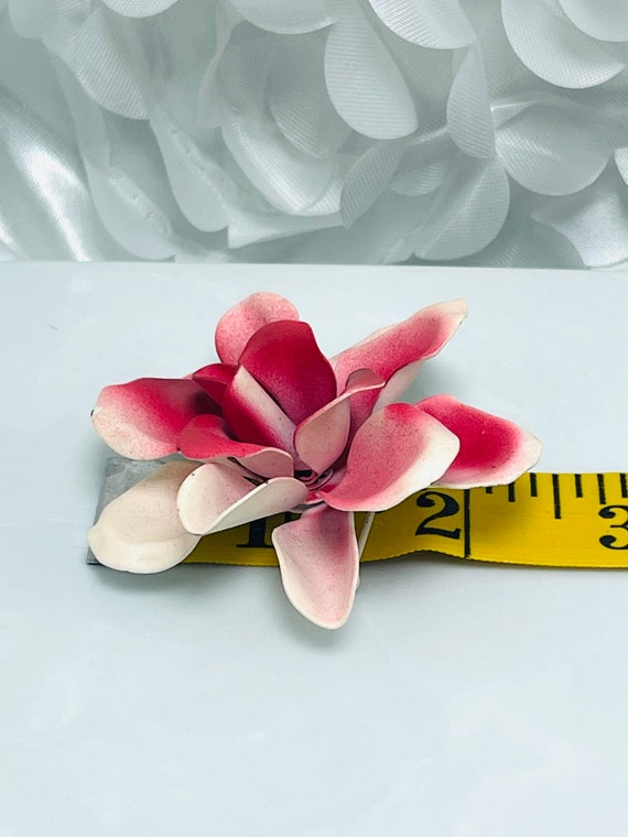 Rose Metallic Floral Brooch 1960’s Pink White Met… - image 9