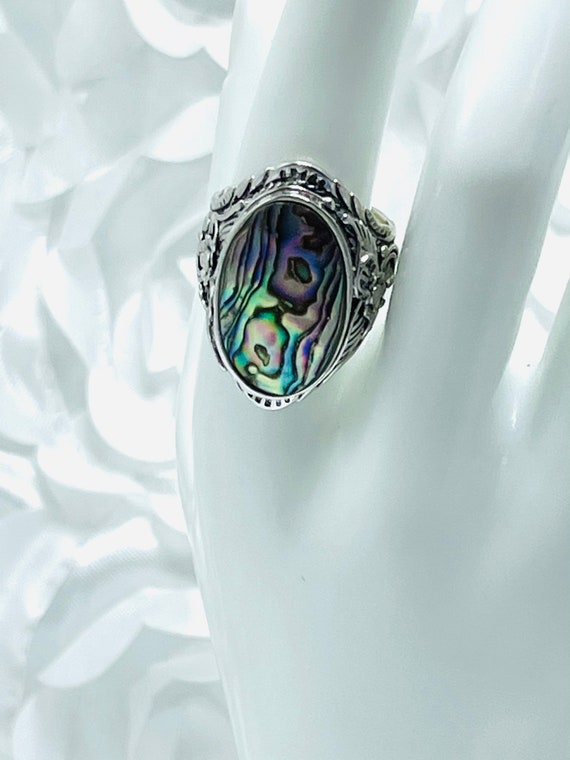 Abalone Shell Silver Ring Floral Design Marked 925 CFJ Thailand