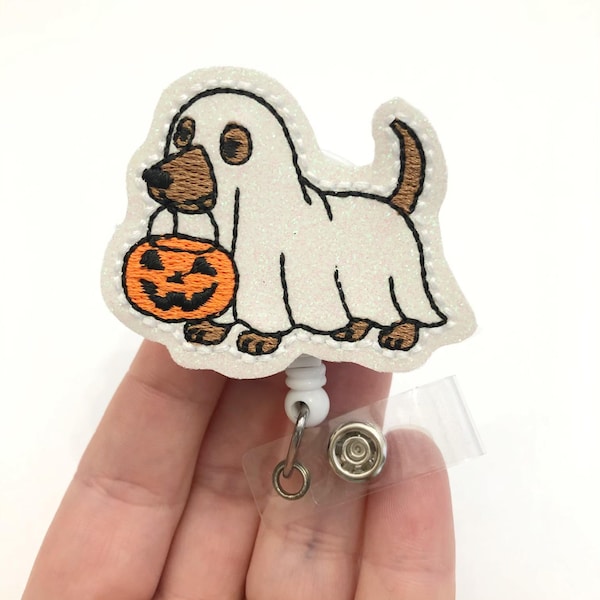 Ghost dog badge reel, dachshund badge reel, halloween dog badge, fall retractable badge, dog badge clip, Badge holder, badge ID holder