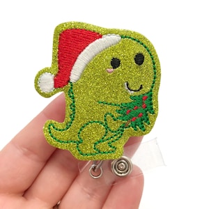 Santa Dinosaur badge reel, Christmas Dino badge reels, retractable badge, ID badge Reel, Badge holder, ID badge holder, Dino badge ID holder