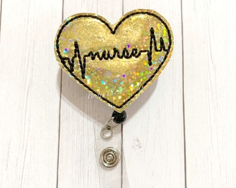 Nurse badge reel, medical badge reel, retractable badge, ID badge Reel, Badge holder, ID badge holder, gold heart nurse ID holder