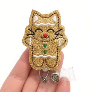 Gingerbread kitty badge reel, Christmas badge reel, retractable badge, ID badge Reel, Badge holder, ID badge holder, holiday ID holder