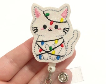 Christmas cat with lights badge reel, Christmas badge reel, retractable badge, ID badge Reel, Badge holder, ID badge holder, badge ID holder