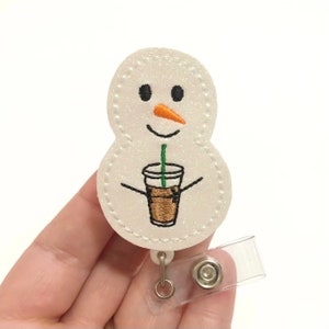 Snowman iced coffee badge reel, christmas badge reel, retractable badge, ID badge Reel, Badge holder, ID badge holder, holiday ID holder