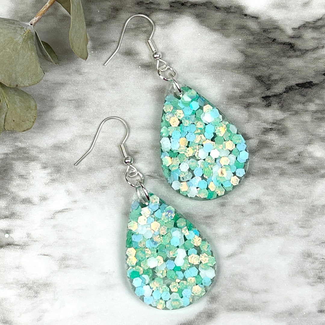Sparkle Teardrop Dangle Earrings, Seafoam Green Confetti Glitter