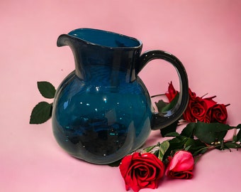 Large Hand Blown Viking Glass Teal Blue Art Glass Pitcher Applied Handle