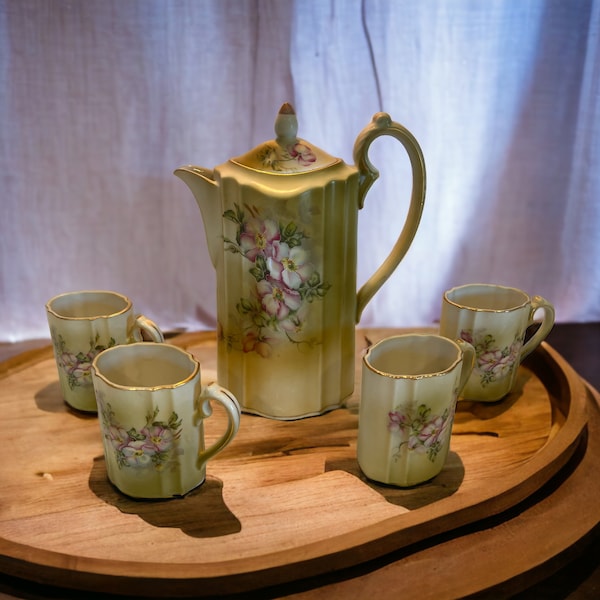 Vintage Nippon Hand Painted Dogwood Flowers 6 piece Chocolate Pot Tea Set Floral & Gold