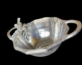 Beautiful Aluminum Bowl with handles and Bird resting on a branch