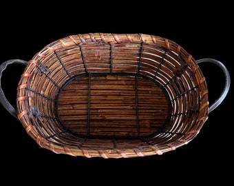 Vintage Bamboo Oval Basket with Leather Handles