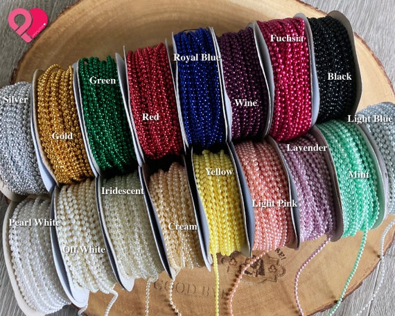 MOT Faux Pearl Bead String Plastic Beads On A String Metallic Crystal Trim Garland Ribbon, 3/6/8mm, 12-24 yards, Gold Silver White Crystal