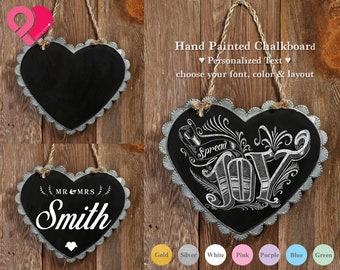 | CUSTOM HEART CHALKBOARD Panneau de porte suspendu magnétique festonné personnalisé | Vintage rustique Zinc galvanisé Avis Mariage Jardin Ferme