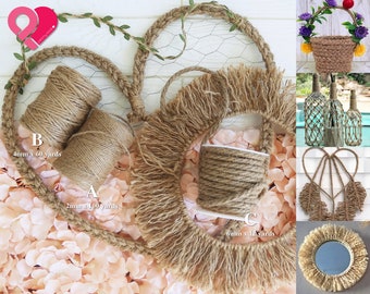 May include: Three spools of natural jute twine with different thicknesses and lengths. The spools are labeled with the text "A 2mm x 100 yards", "B 4mm x 60 yards", and "C 6mm x 12 yards".